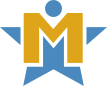 A yellow M on a blue star with a blue dot above it